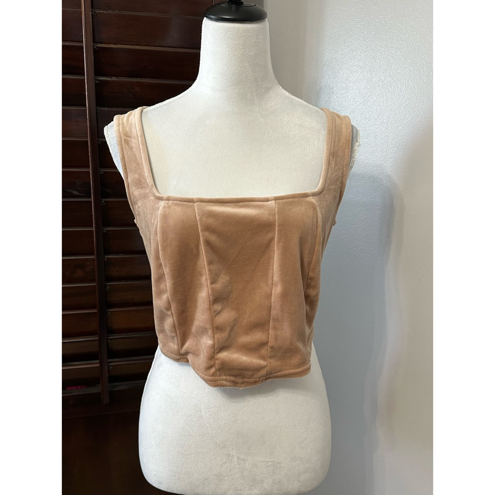 BP. Womens Blouse Beige Sleeveless Square Neck Stretch Panels Sexy Tank M New
